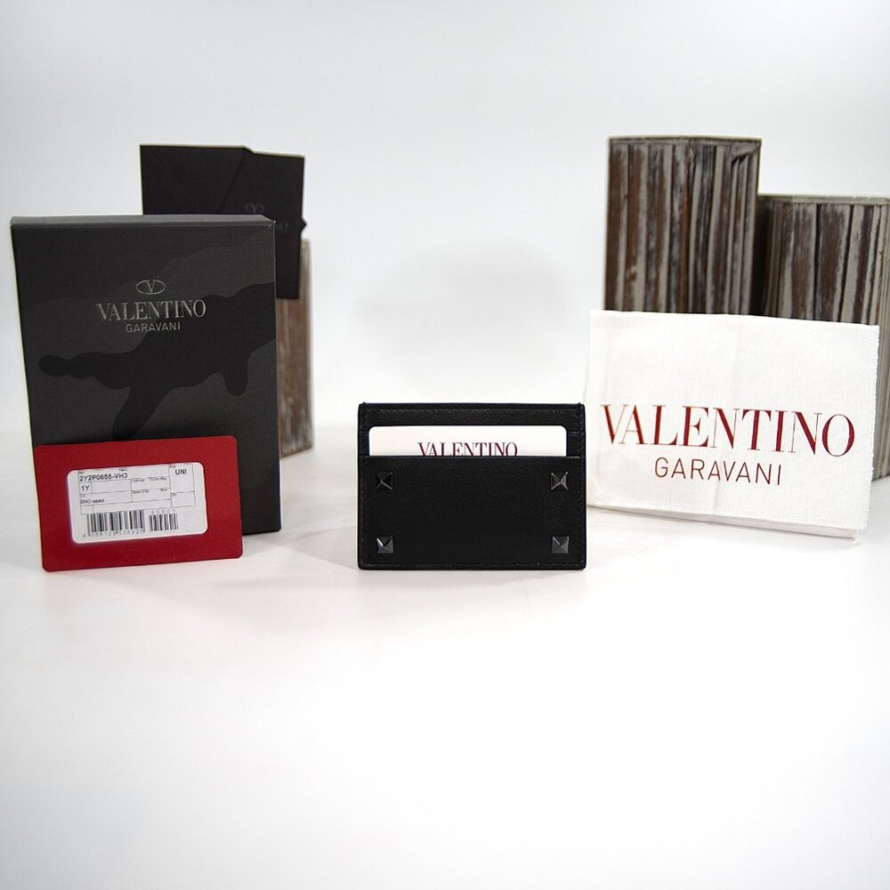 Valentino Rockstud Black Leather Logo Card Case Mini Wallet Camo Box NWT